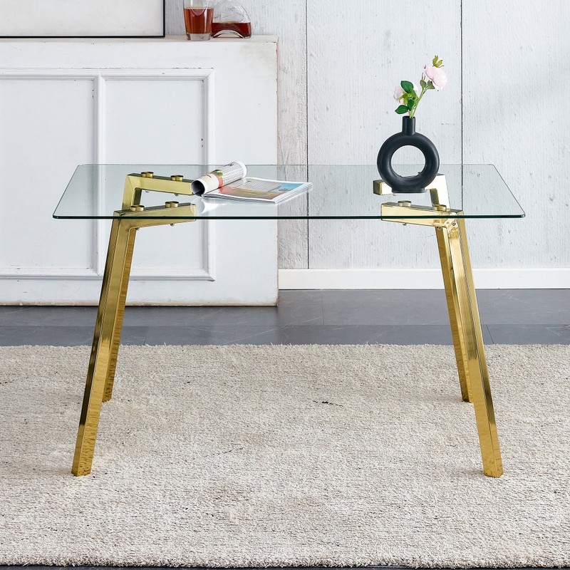 Modern Rectangular Glass Dining Table with Golden Legs 51x31.5x29.5in gallery
