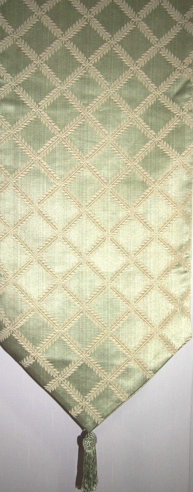 Damask/Brocade Light Green Laurel Reversible 90" x 14" Table Runner With Tassels gallery