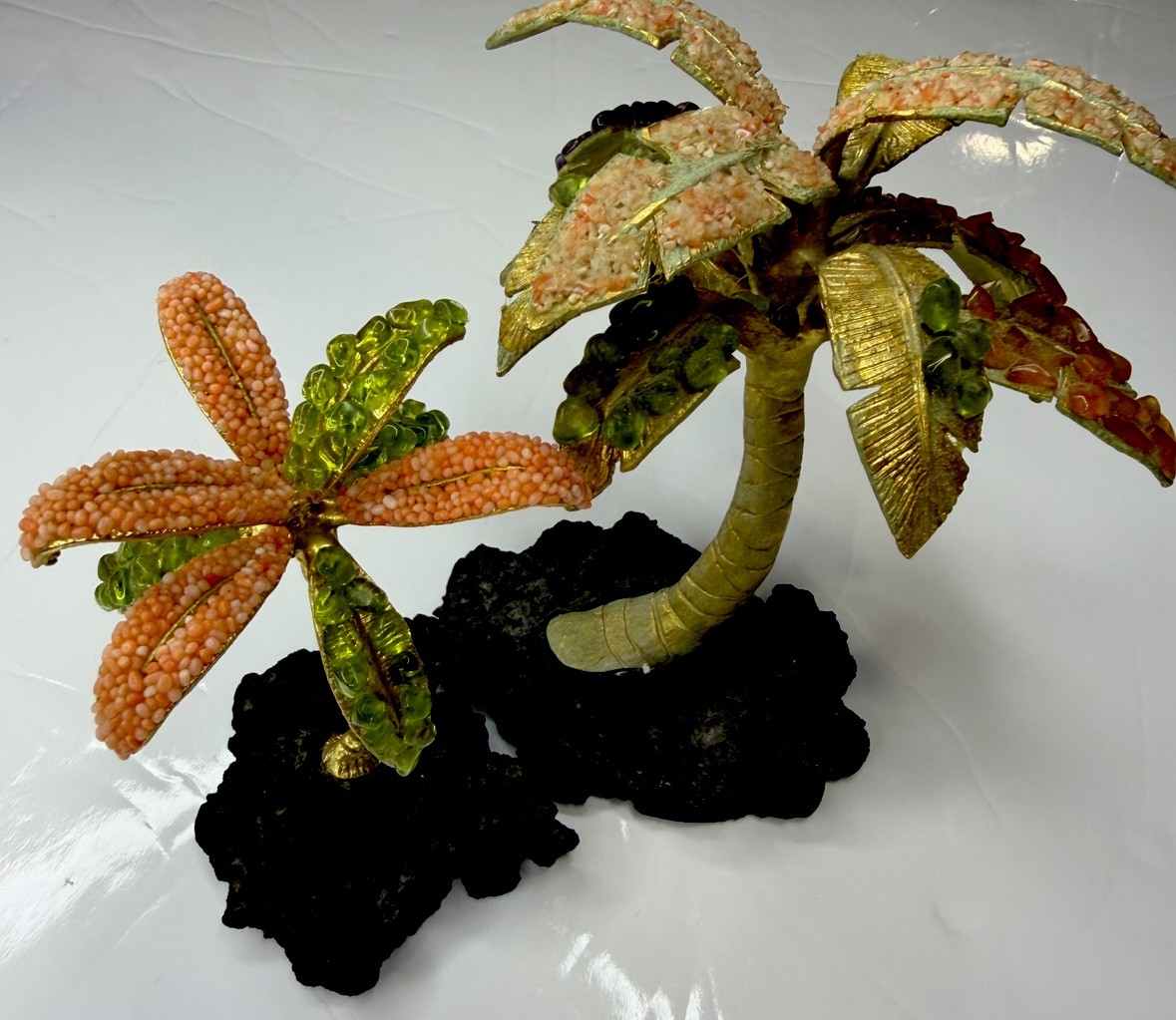 2x Vintage Gemstone Palm Tree Statues Gold Tone Tropical Decor gallery