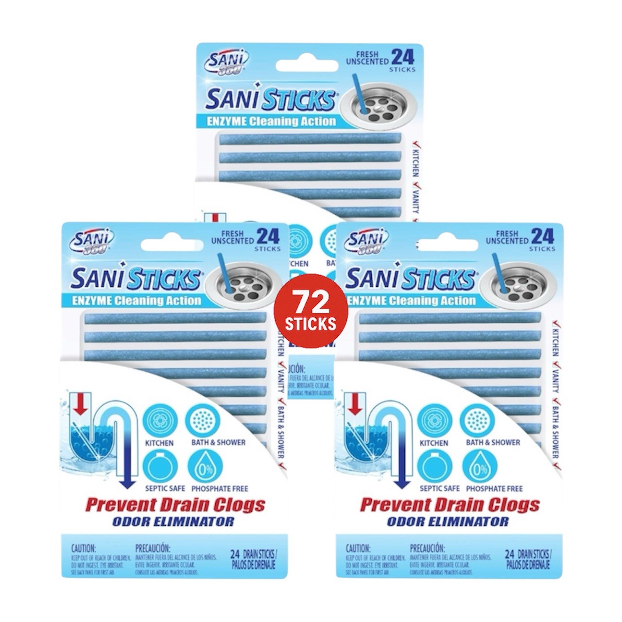 SANI 360° Sani Sticks Drain Cleaner and Deodorizer, Unscented, 72 Count gallery