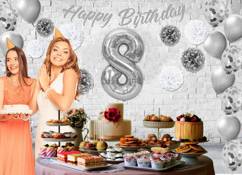Silver & White 8th Birthday Decorations - 40" Number Balloons &More- Boy or Girl gallery