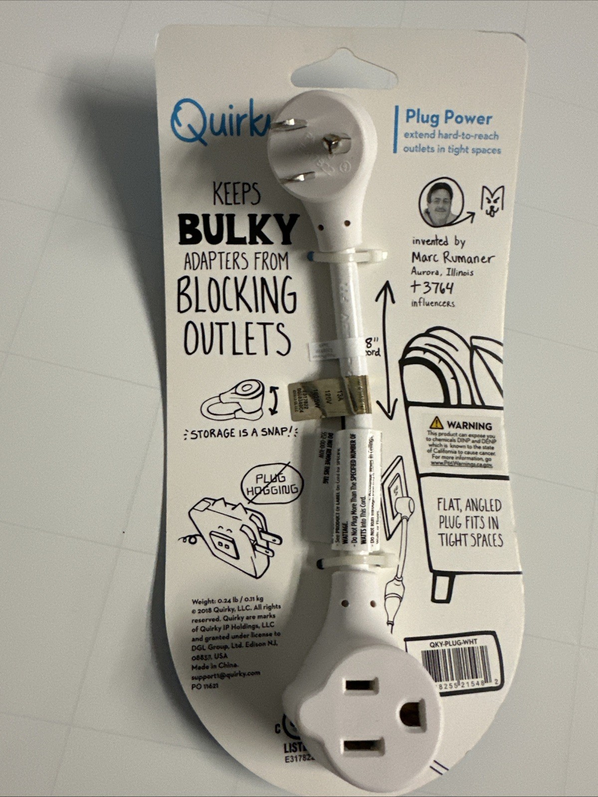 Quirky 8 INCH PLUG Extension Power Cord - White gallery