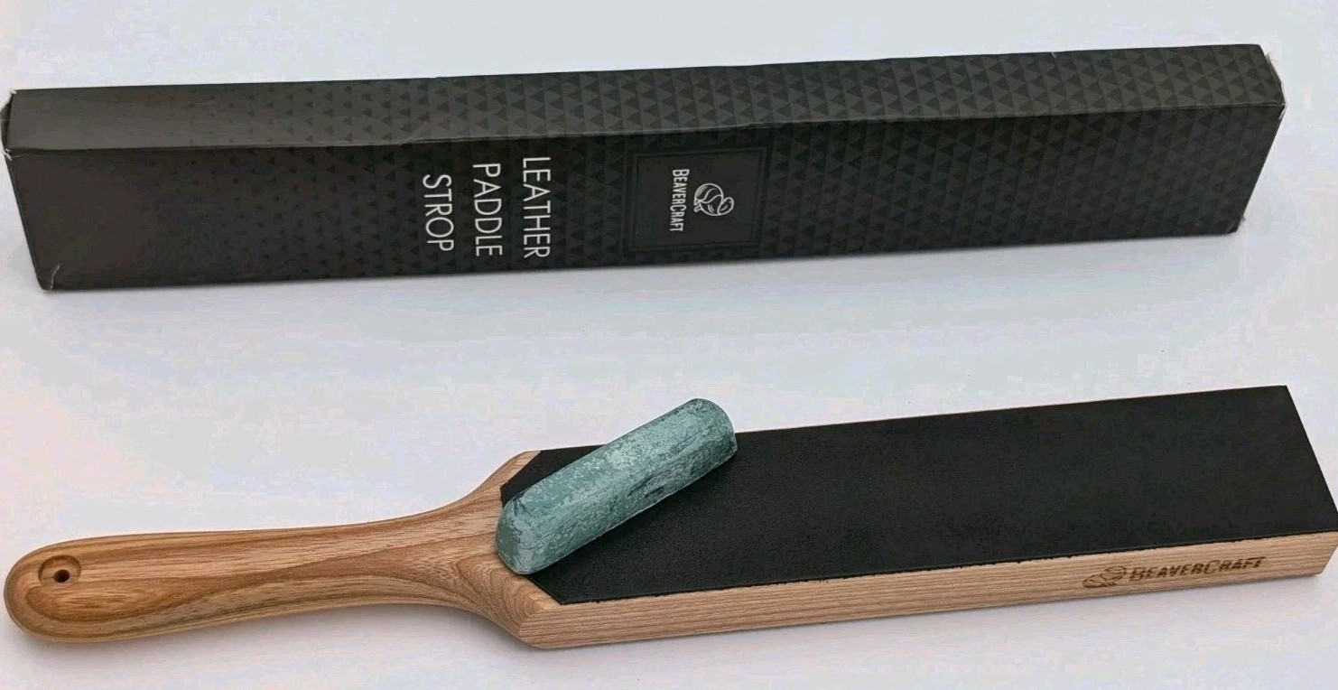 BeaverCraft Leather Paddle Strop 14" w Green Polishing Compound Knife Sharpening gallery