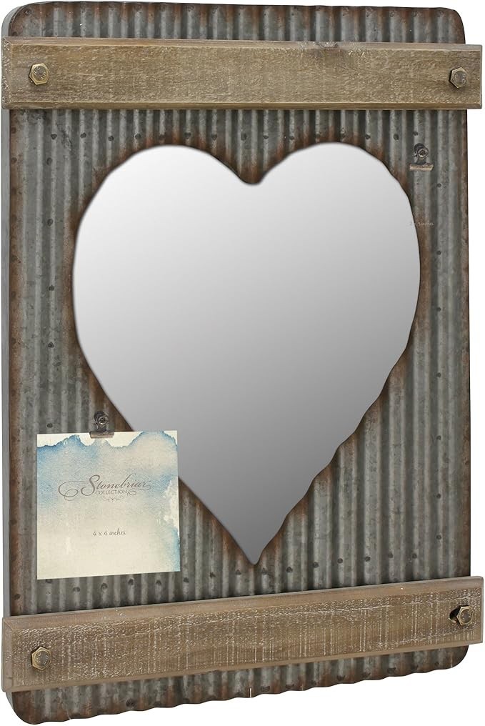 Stonebriar Corrugated Metal & Wood Heart Shaped Mirror w/Attached Wall Hanger-BN gallery