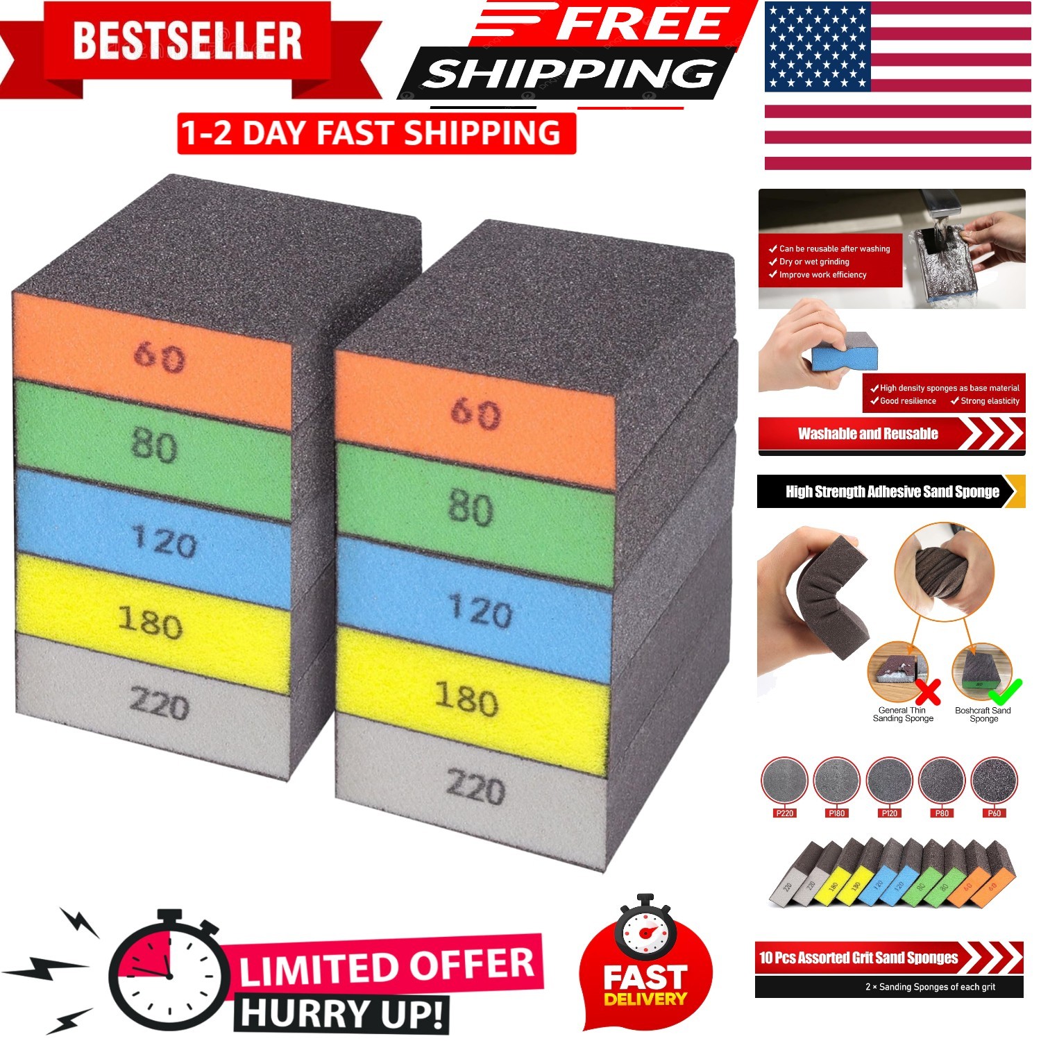 High-Density Sanding Sponge Set - 10 Assorted Grits for Precision Finishing gallery