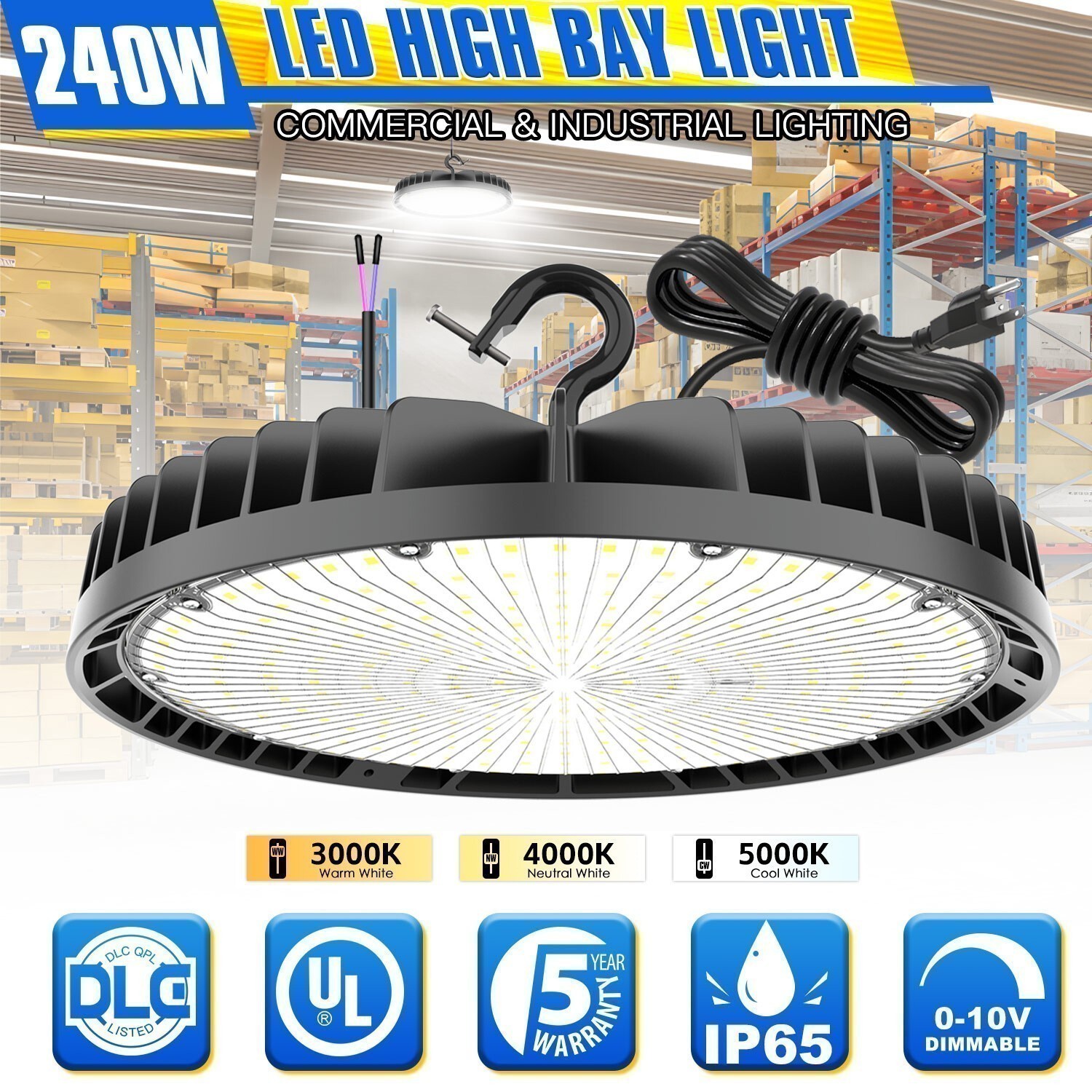 LED UFO High Bay Light 240W 200W 150W Adjustable 33600lm 3000K~5000K Tunable CCT gallery