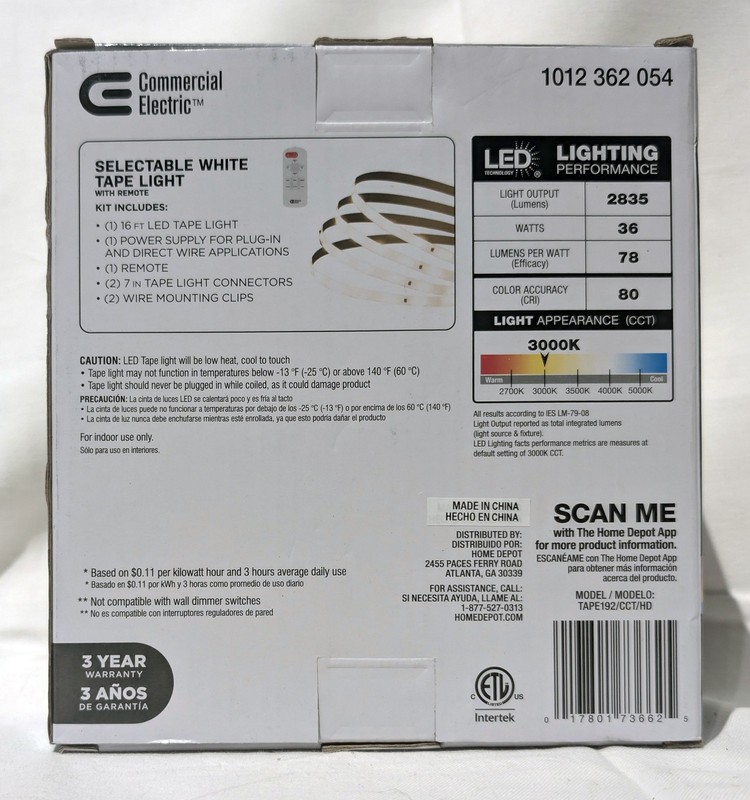 Commercial Electric 16ft Selectable White Tape Light with Remote - NEW gallery