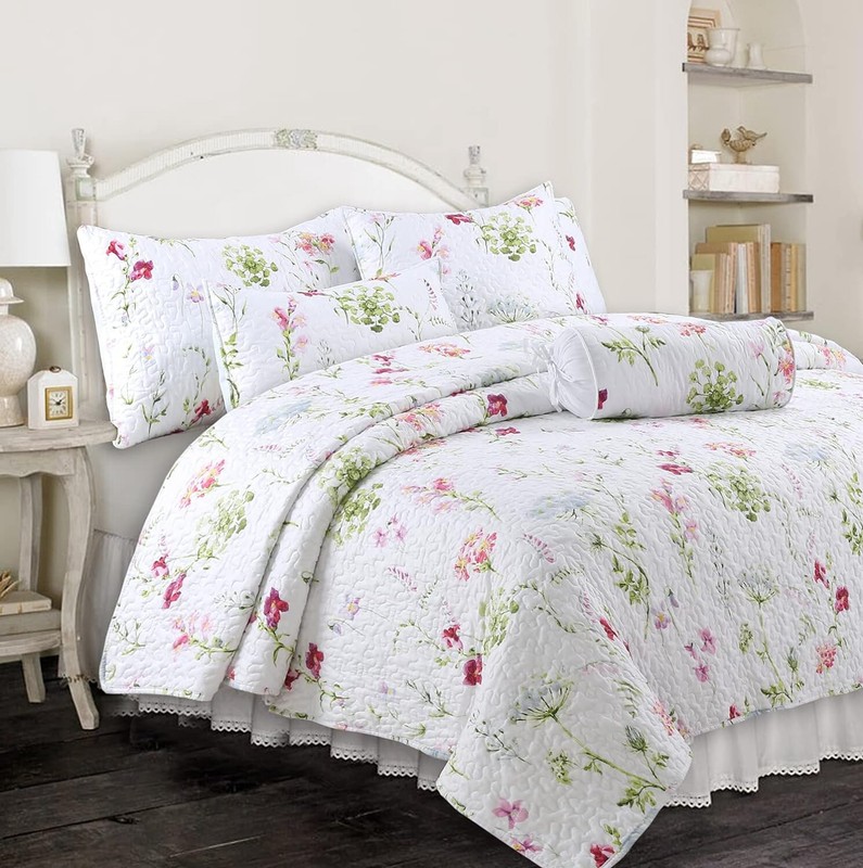 SPRING GARDEN 3pc Queen QUILT SET : COTTAGE PINK COZY CHIC SHABBY ROSE FLOWERS gallery