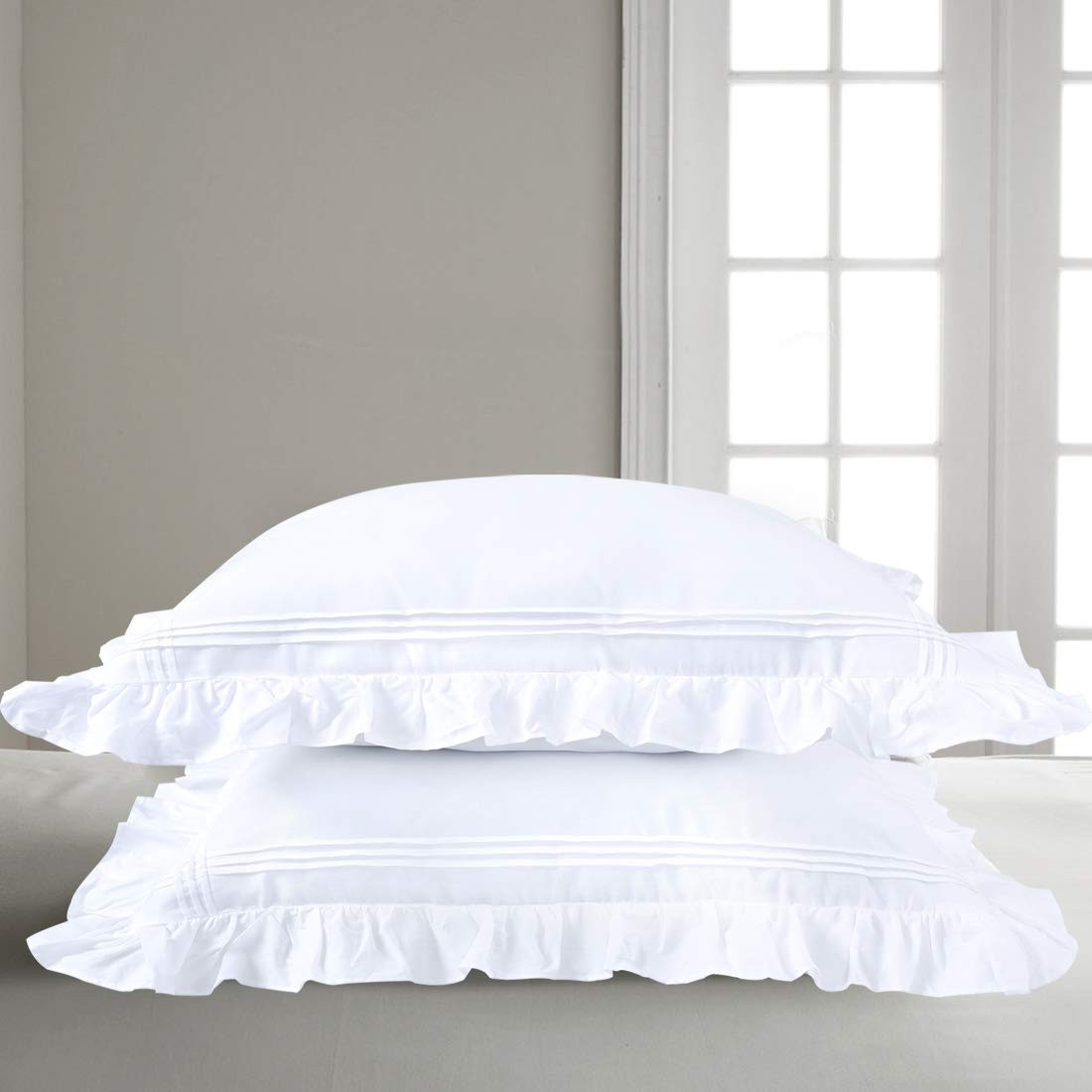Ruffled Pillow Shams White Standard Set of 2 Lace Pillowcases Shabby Chic Bri... gallery