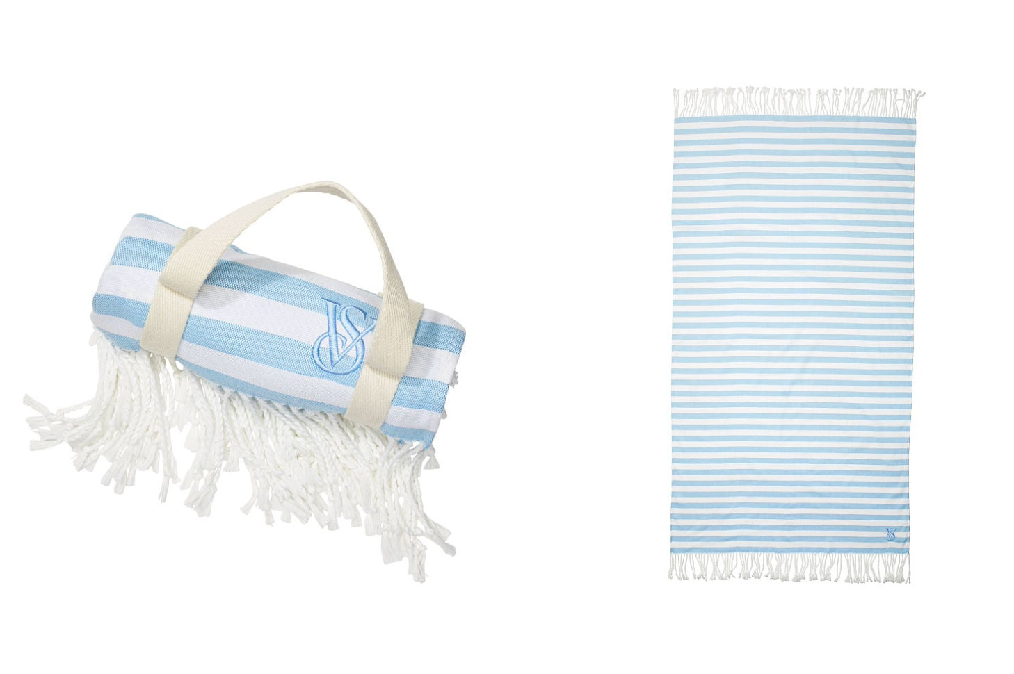 VICTORIAS SECRET MONOGRAM FRINGE BEACH BLANKET BLUE WHITE STRIPED 34"x64" NWT gallery