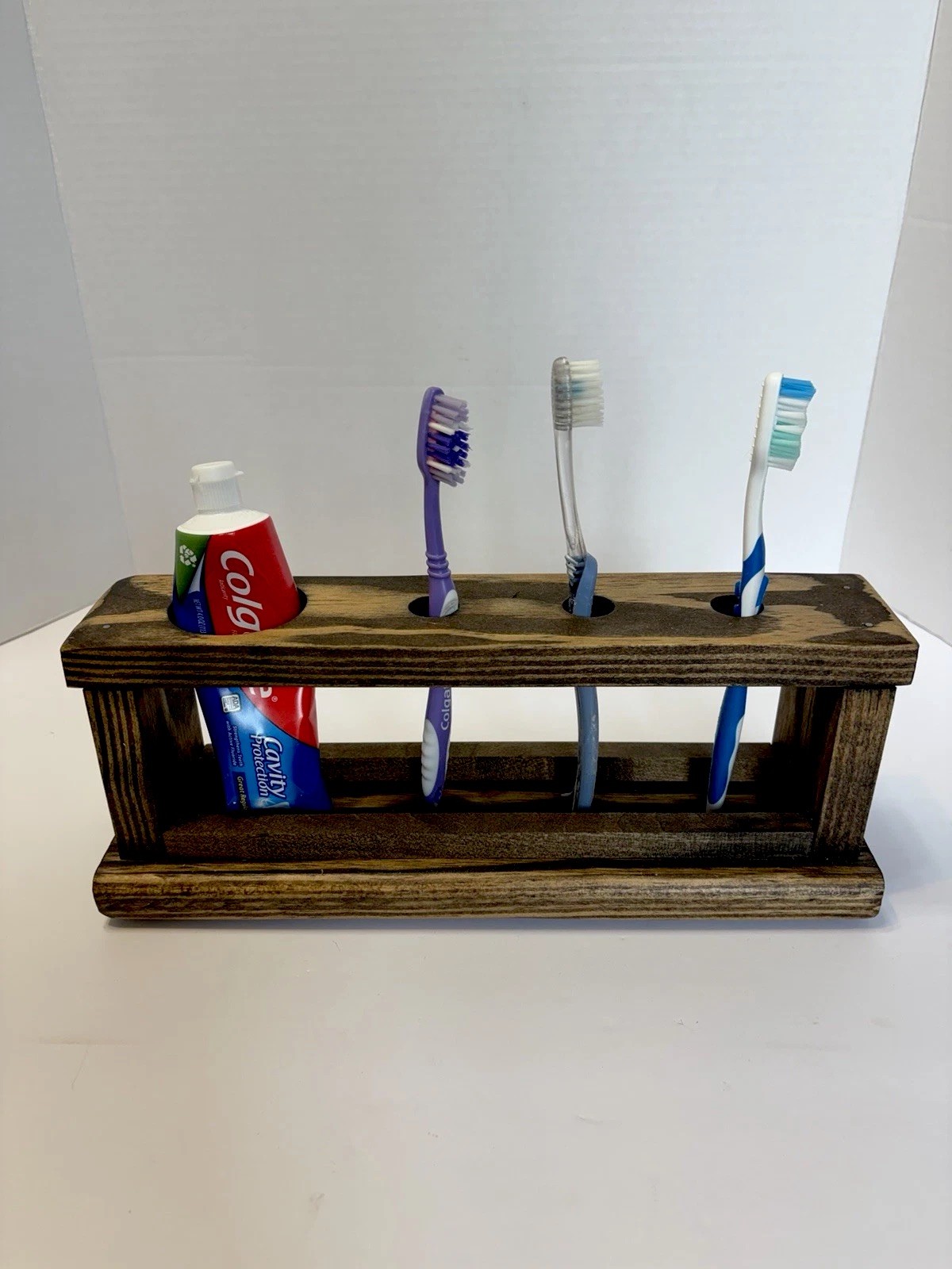 Handmade Toothbrush and Toothpaste Holder Varnished Wood gallery