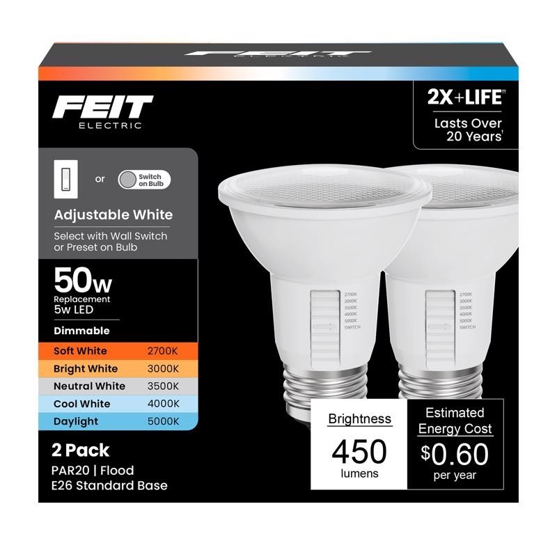 Feit PAR20 E26 (Medium) LED Floodlight Bulb Adjustable White 50 Watt Equiv 2pk gallery