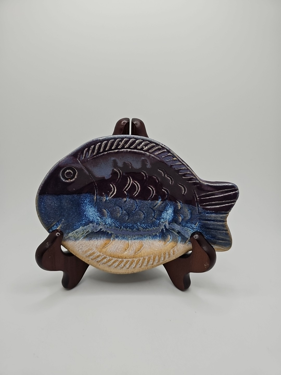 Studio Pottery Flounder Fish Soap Dish Tea Bag Tray Sooon Rest Blues Purple gallery