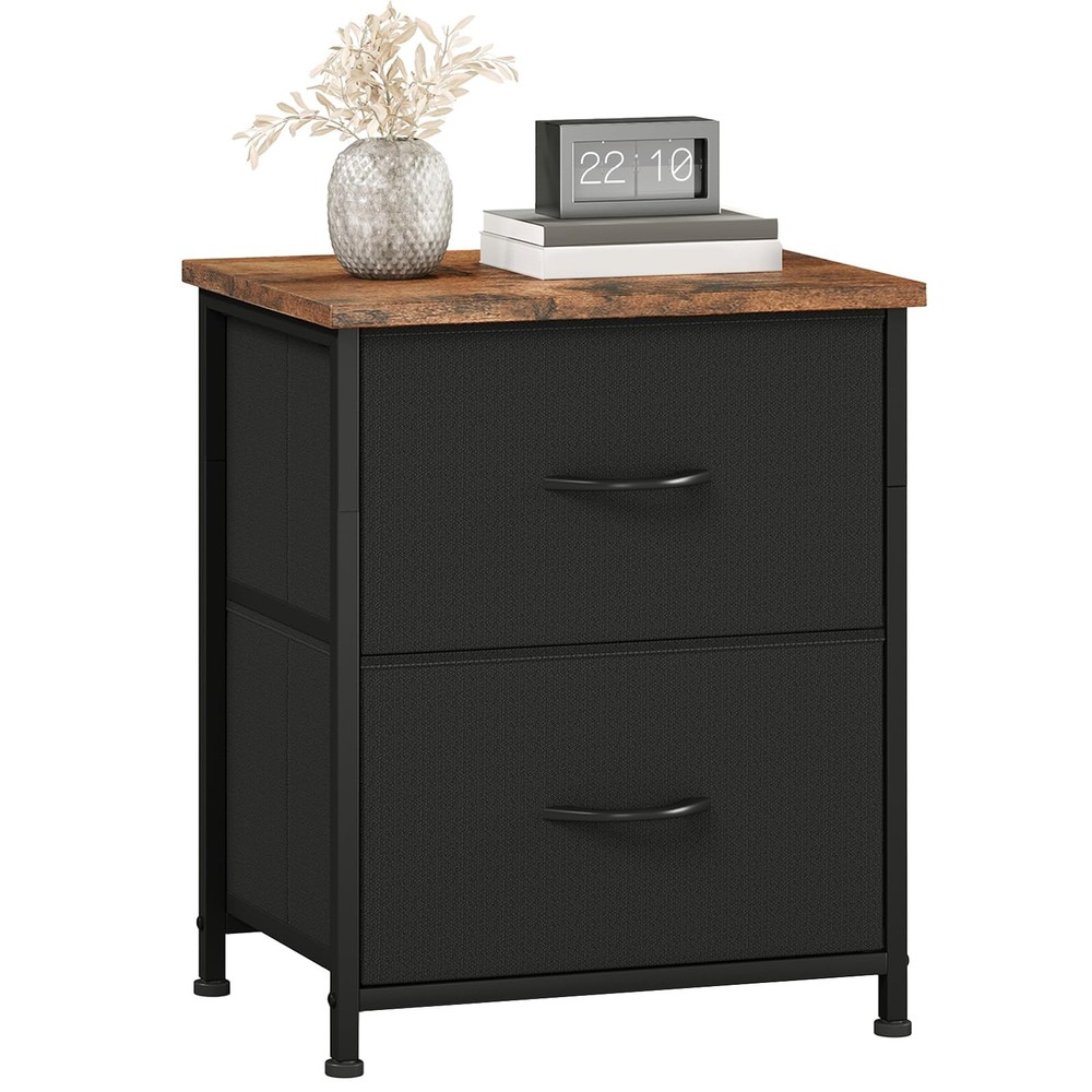 Nightstand 2 Drawer End Table Bedside Storage Fabric Bins Rustic Brown Black