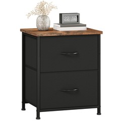 Nightstand 2 Drawer End Table Bedside Storage Fabric Bins Rustic Brown Black