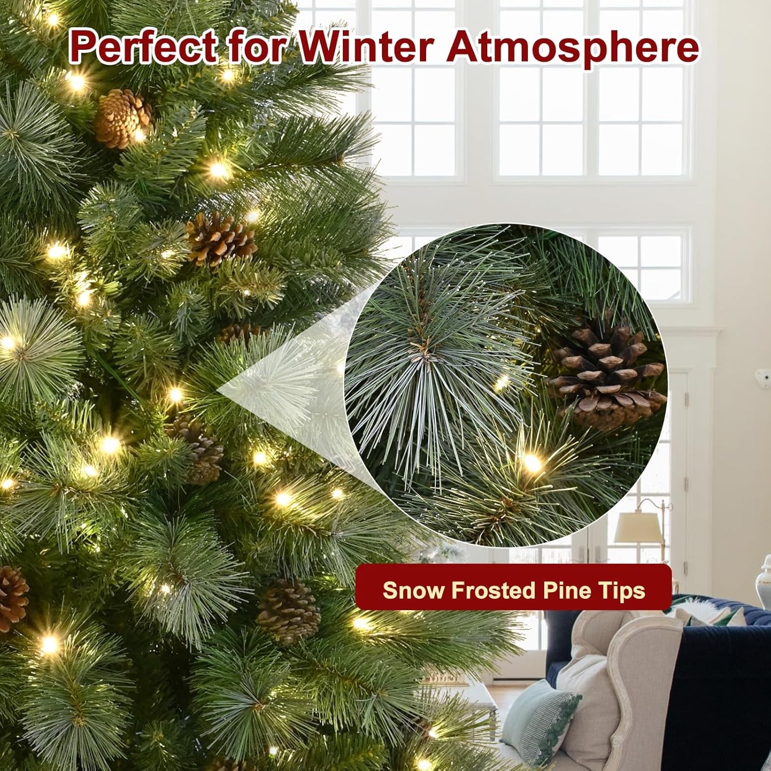 4-9 ft Prelit Artificial Christmas Tree Snow Tips Pinecone Xmas Tree w/ Lights gallery