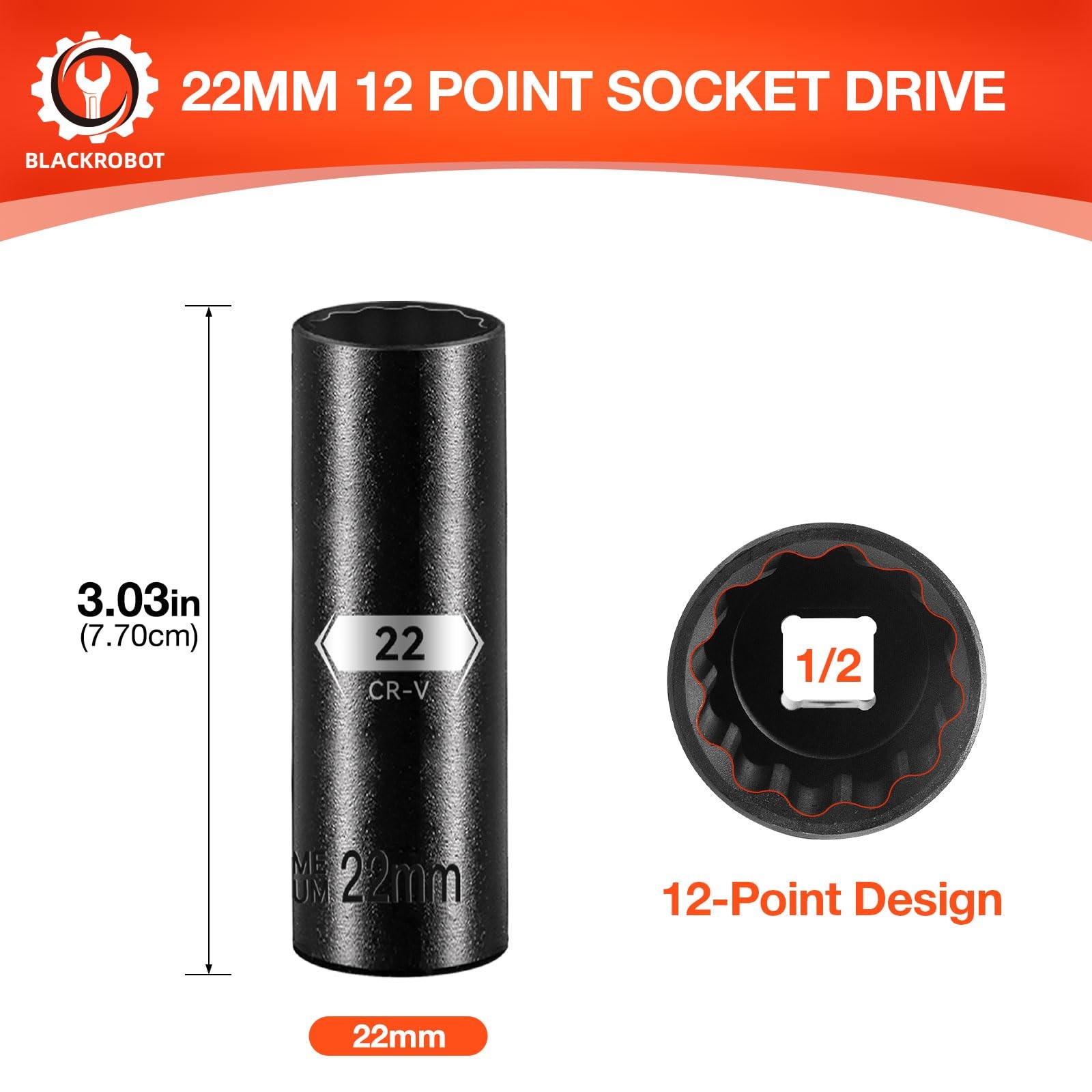 BLACKROBOT 22 mm 12-Point Deep Impact Socket, 1/2 Inch Drive, Metric, 22 gallery