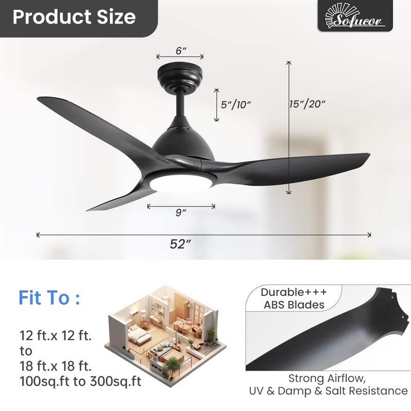 Sofucor 52 Inch Smart Ceiling Fan with Light, Modern Ceiling Fan with 3 Plast... gallery