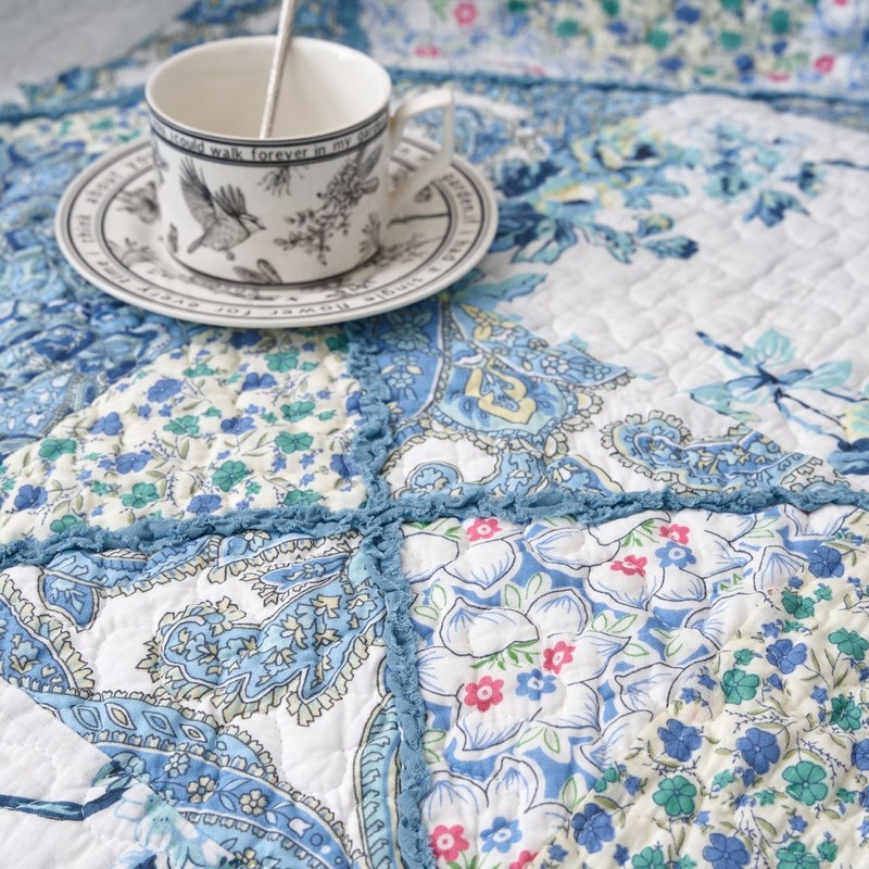 Tache Cotton Patchwork Petal Dance Blue White Floral Paisley Quilt Throw Blanket gallery