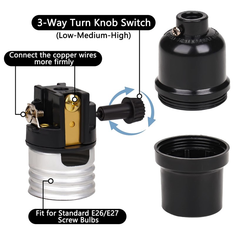 2 Pack 3-Way Lamp Socket Replacement E26 Base – UL Listed Turn Knob Low-Med gallery