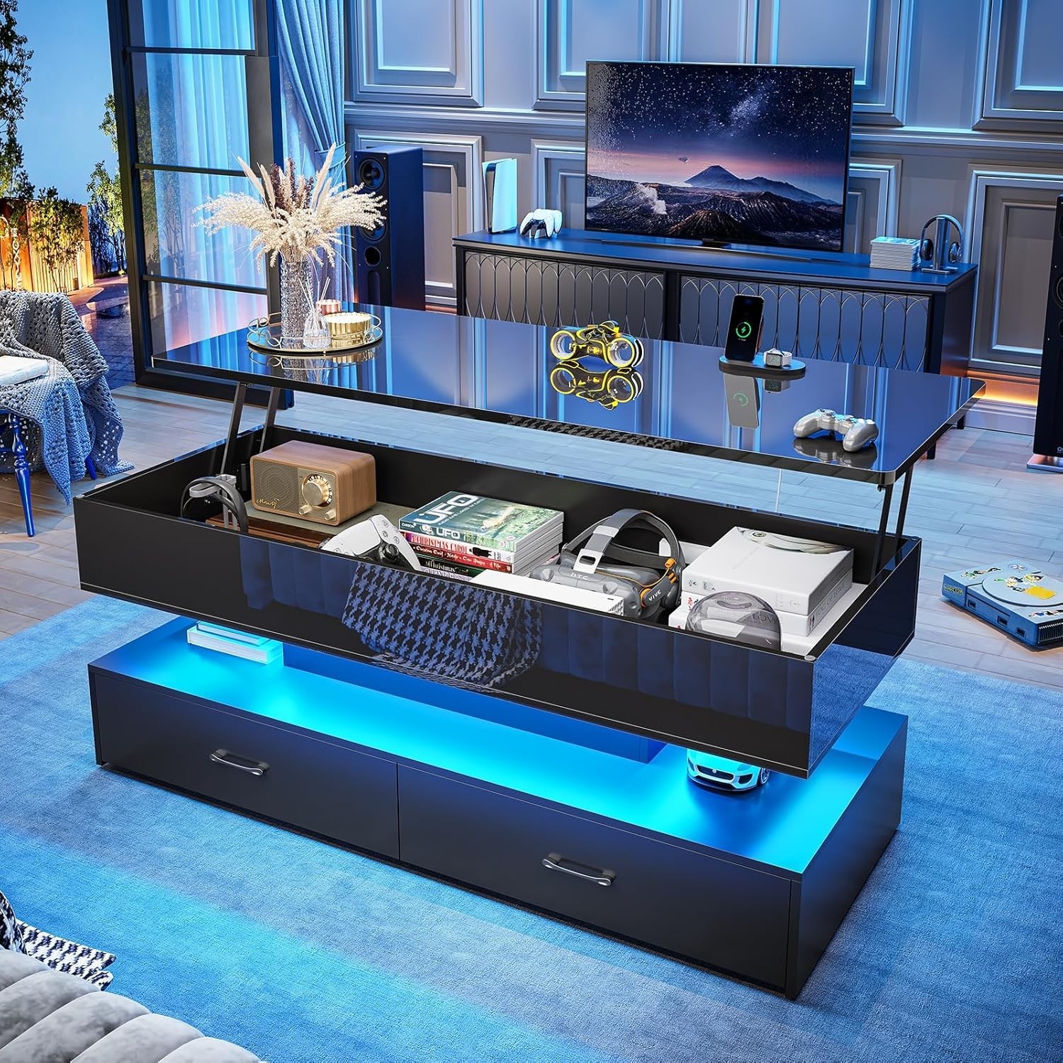47.2" Lift Top Coffee Table wih 2 Drawers & LED Light for Dining Reception Room gallery