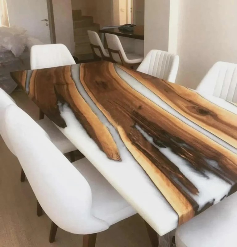 White Epoxy River Dining Table Natural Live Edge Wood Elegant Modern Resin Table gallery