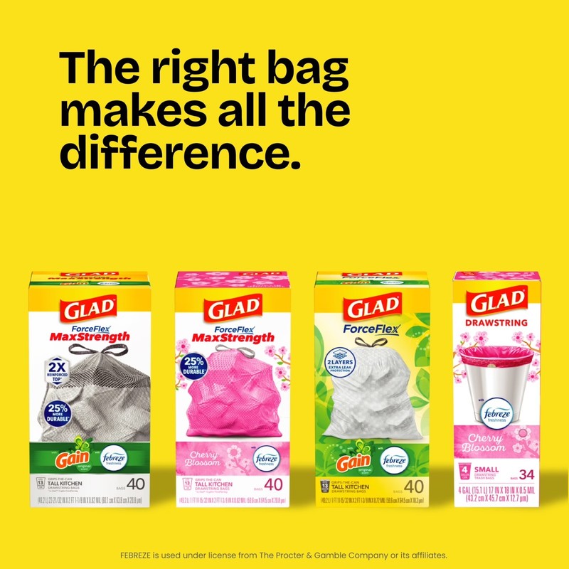 Glad ForceFlex Tall Kitchen Drawstring Trash Bags, 13 Gallon, Gain Original with gallery