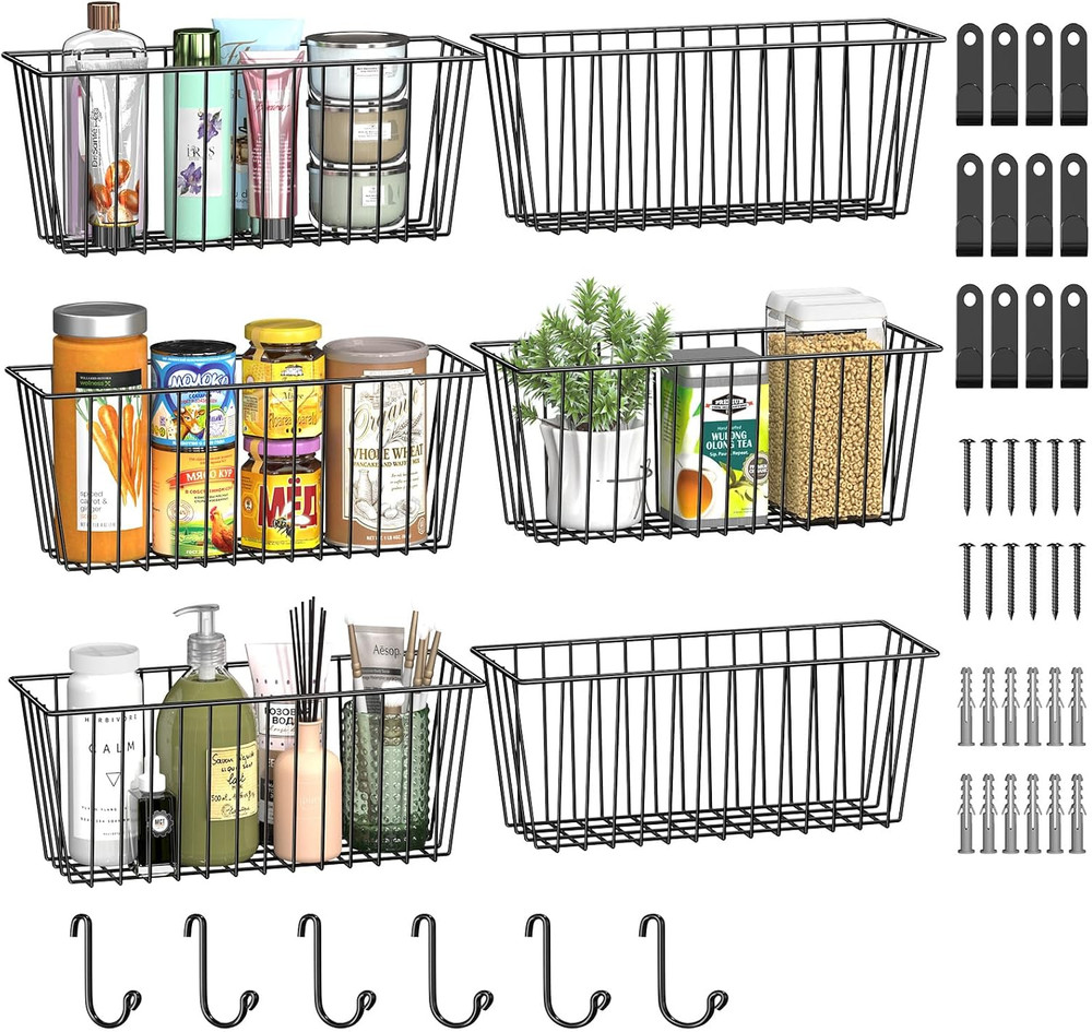 Simple Trending 6 Pack Wire Basket Wall Mount Baskets Hanging Baskets, Cabinets