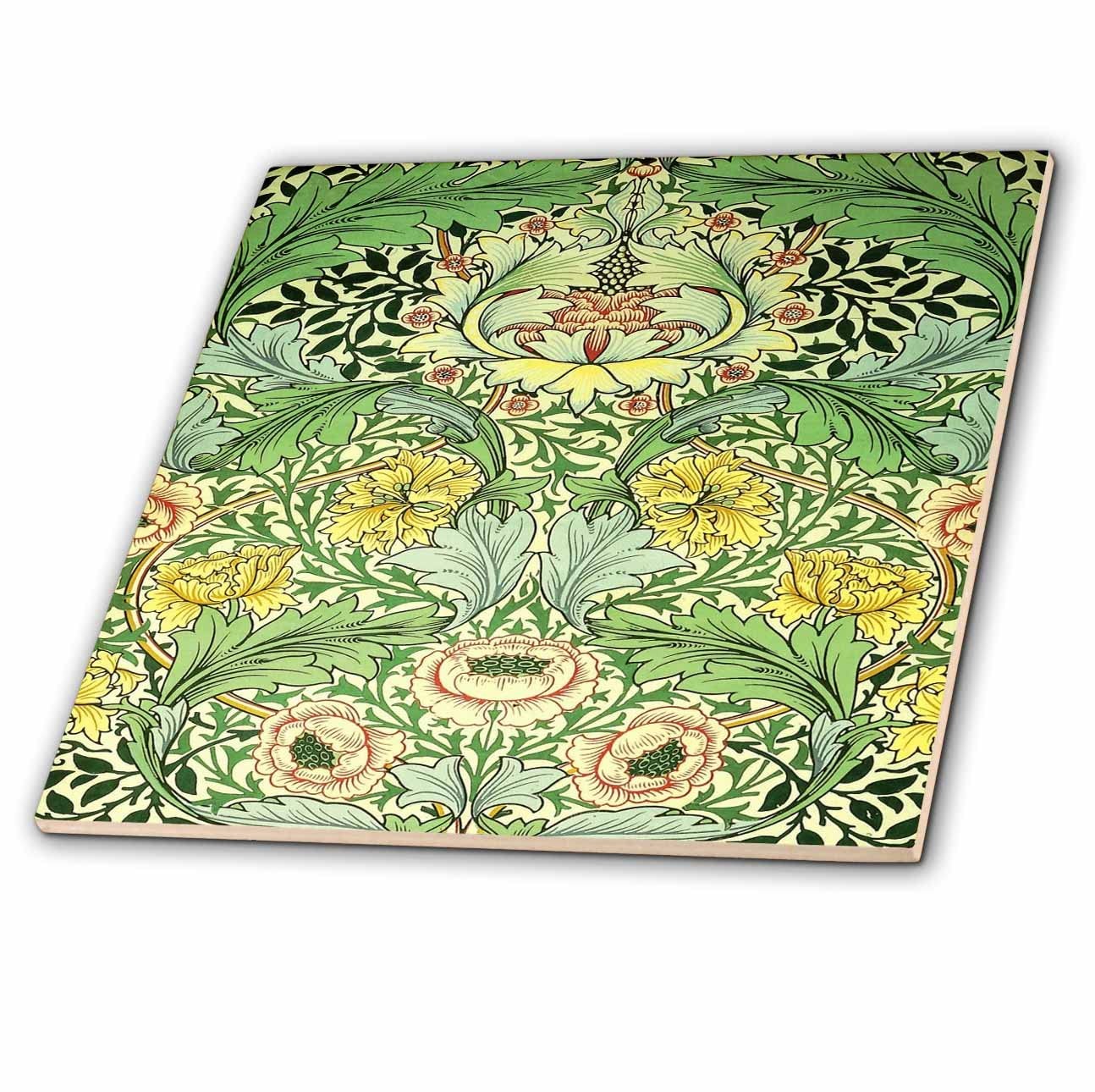 3dRose 4" Ceramic Tile William Morris Style Green Yellow Vintage Floral Pattern gallery