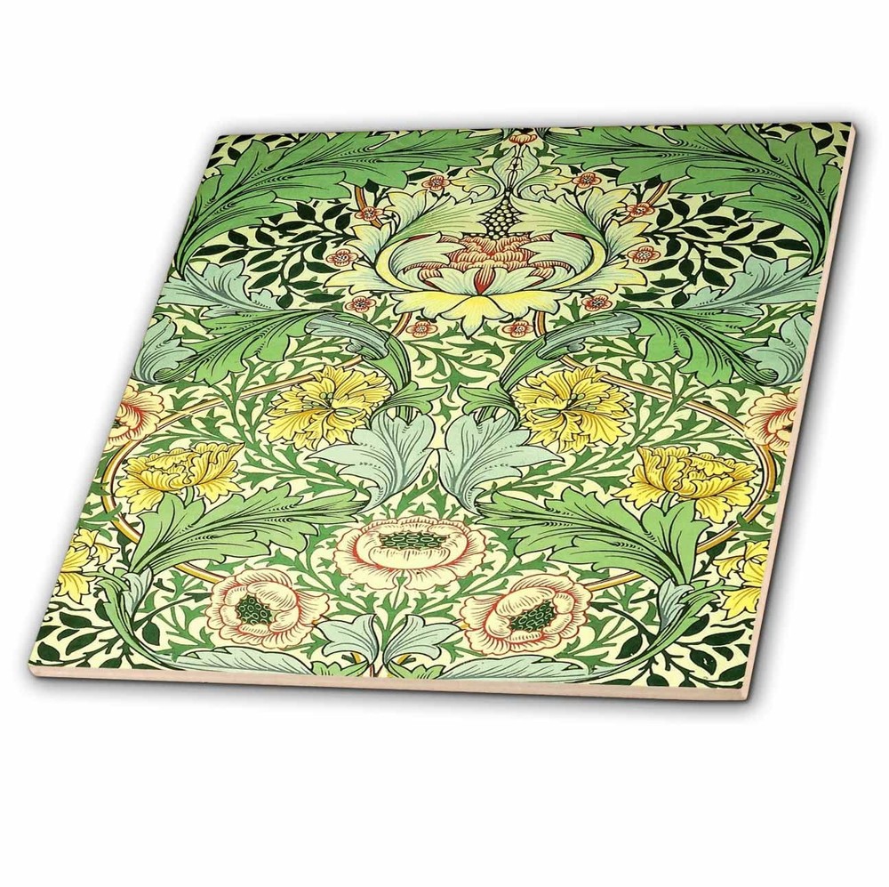 3dRose 4" Ceramic Tile William Morris Style Green Yellow Vintage Floral Pattern