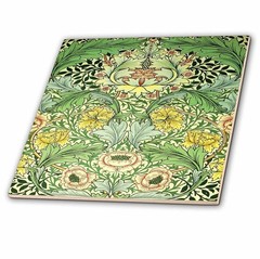 3dRose 4″ Ceramic Tile William Morris Style Green Yellow Vintage Floral Pattern