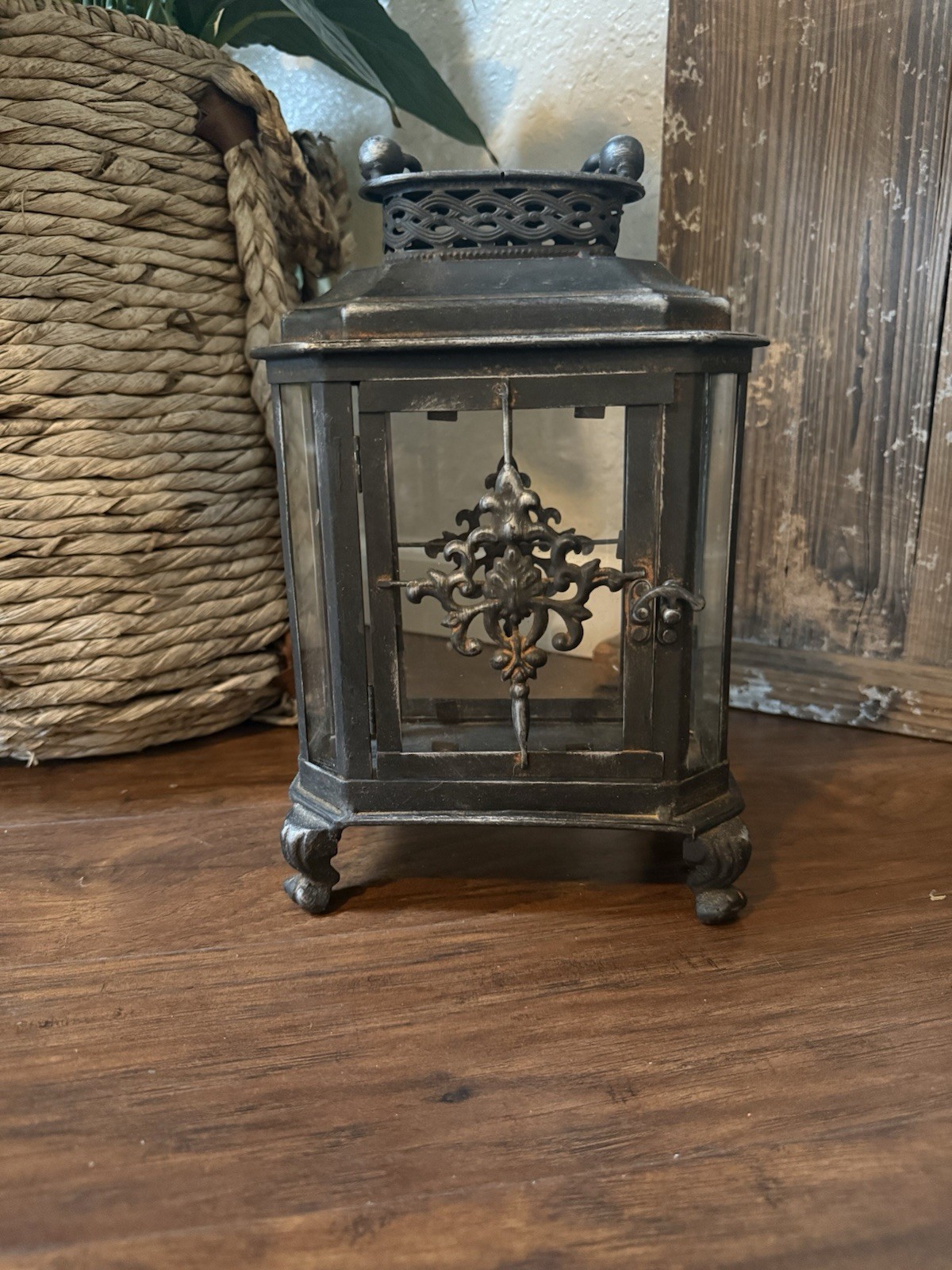 Heavy Metal Glass Lantern Rustic 11” Tall gallery