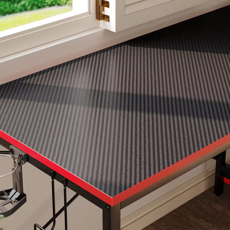 44 In. Rectangular Black and Red Carbon Fiber Gaming Desk with 4 Tier Storage Sh gallery