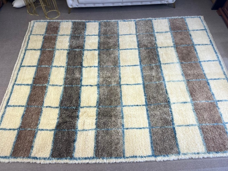 Handmade Blue, Gray and Ivory Checkered Tulu Rug. 100% Wool in Finest Quality gallery