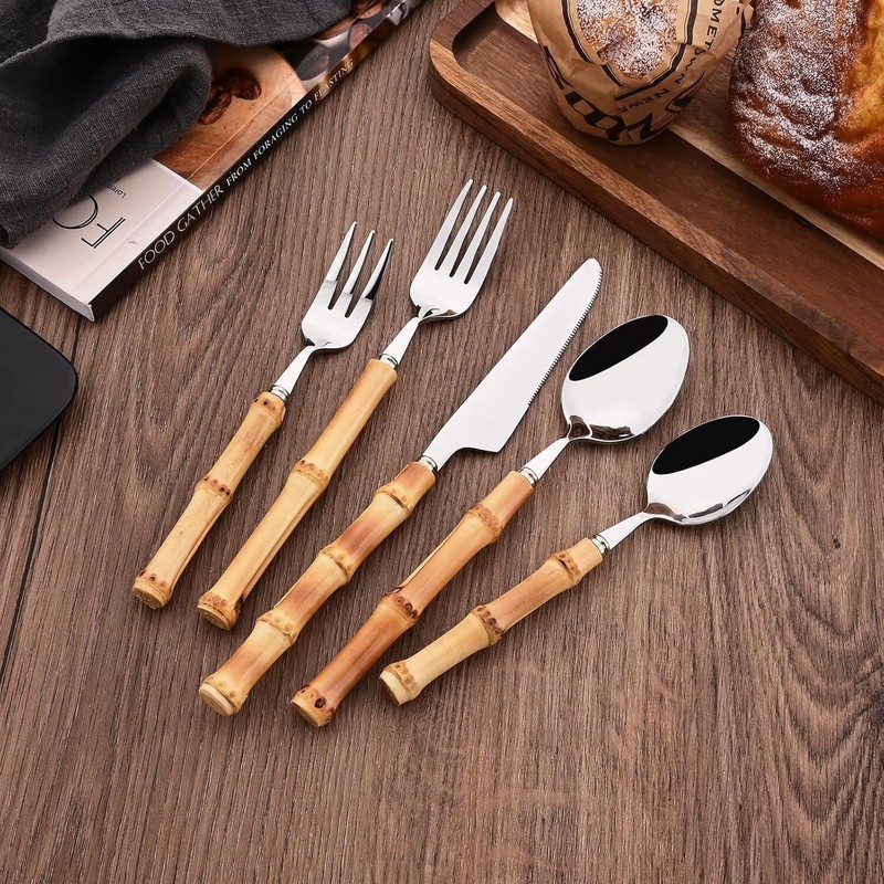 Bamboo Handle Silverware Set 30 Pcs Set for 6 Stainless Steel Flatware Set gallery