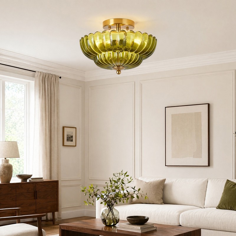 12" Semi Flush Mount Ceiling Light Green Flower Glass Fixture Entryway Kitchen gallery