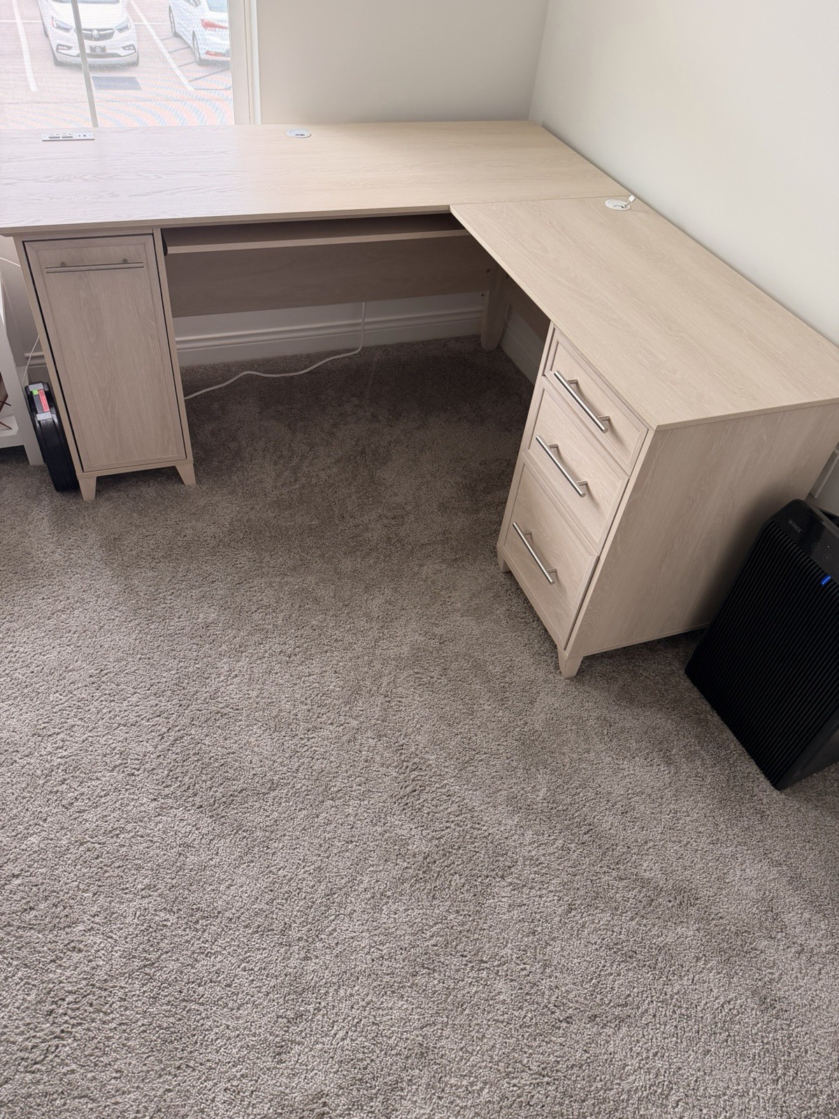 L-Shaped Corner Computer Desk, Light Wood Tone, 3 Drawers, Beige gallery