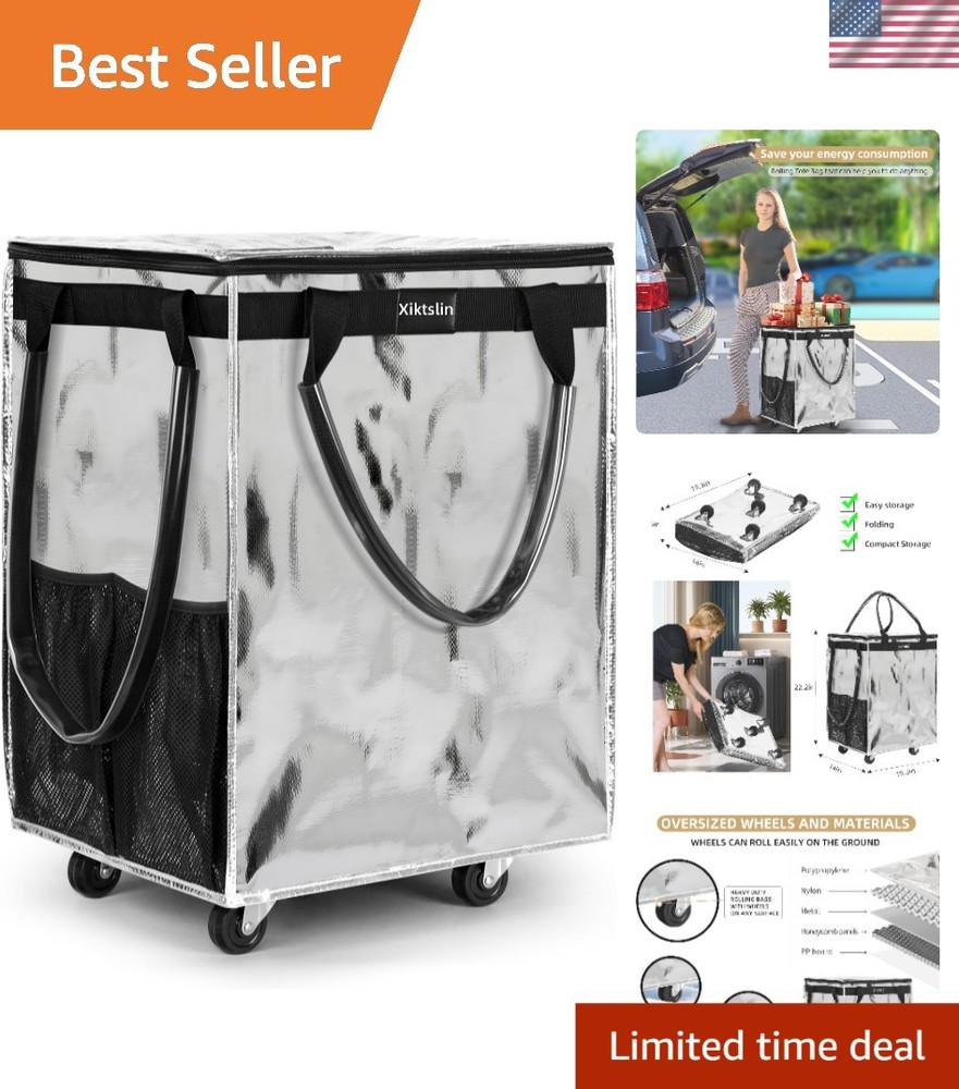 Spacious Silver Rolling Tote Bag on Wheels - Perfect for Grocery and Travel