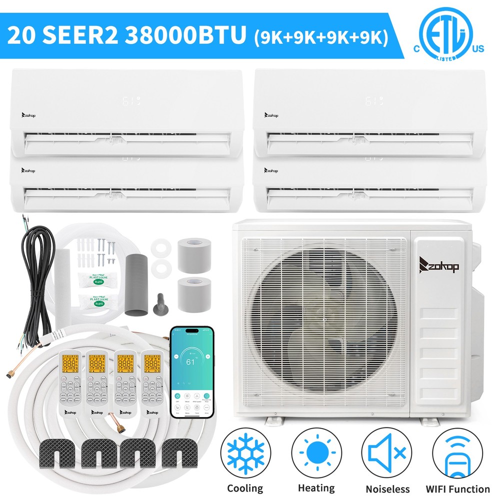 38000 BTU 4 Zone AC Ductless Mini Split Air Conditioner Heat Pump: 4 x 9000 BTU