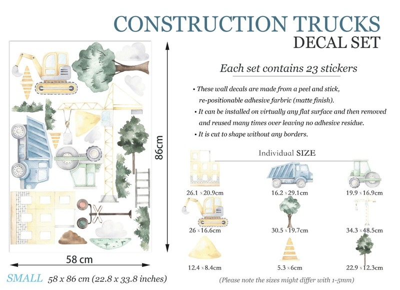 Construction Trucks Tractors Diggers Removable Wall Decal Sticker Boys Room Gift gallery