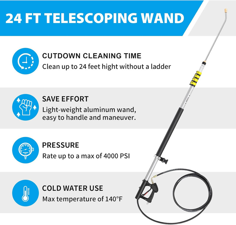 24 FT Telescoping Pressure Washer Wand Extension, Hot Water Supported Power Wash gallery