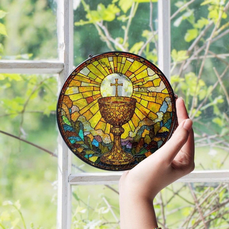 Holy Eucharist Chalice Sun Rays Suncatcher Stained Glass Window Decor Catholic gallery