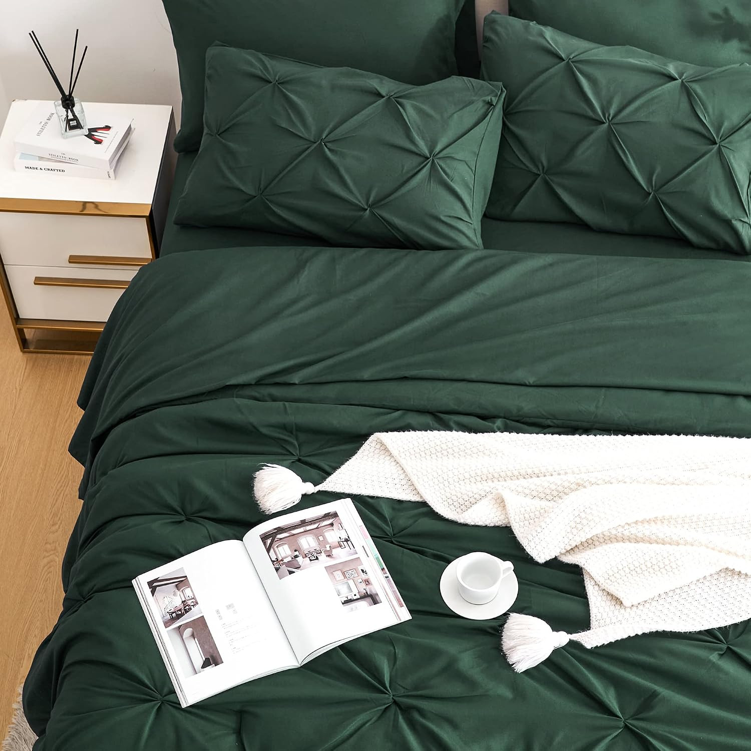 7Pc Dark Green Comforter Set Queen Size, Hunter Green Pintuck Bed in a Bag 7 Pie gallery