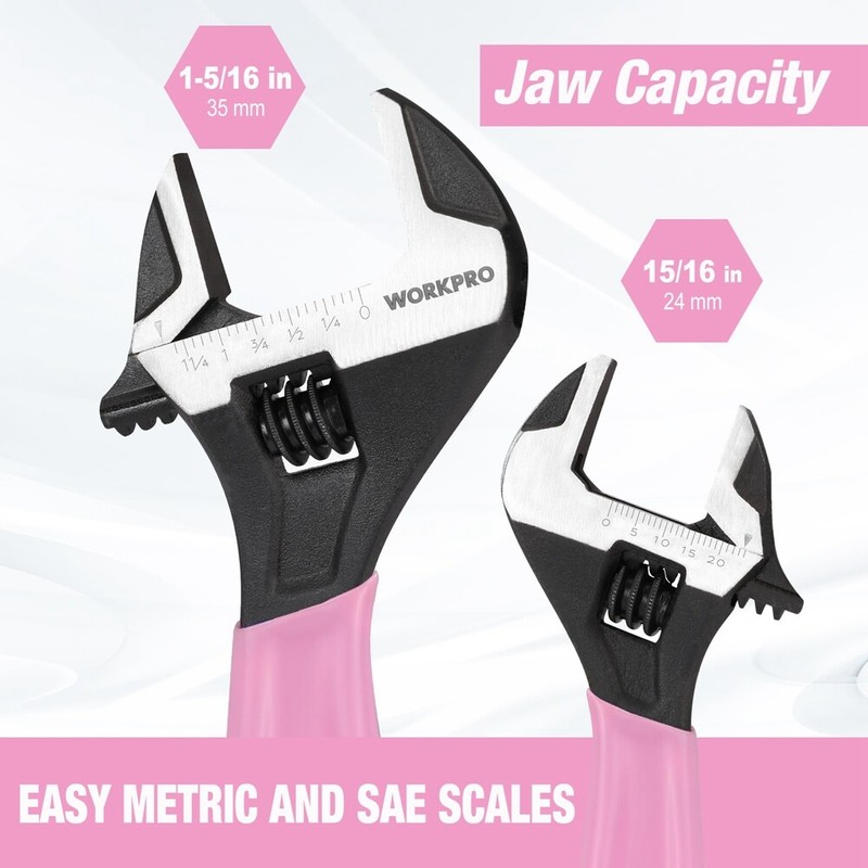 WORKPRO 2PCS Pink Adjustable Wrench Set 6" 10" Wide Jaw Black Oxide Metric & SAE gallery