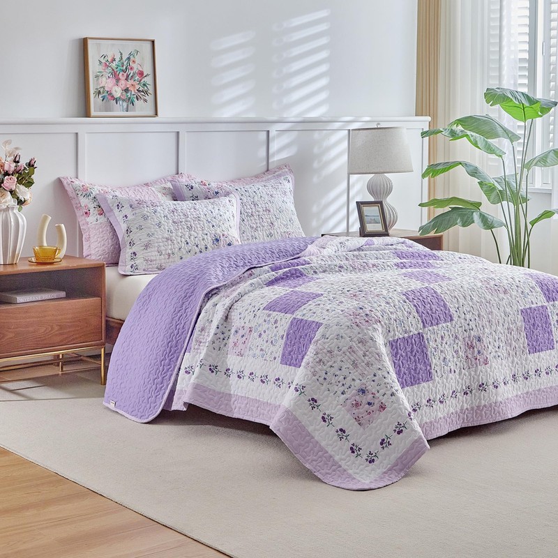 Patchwork Quilt Set Queen Size,3 Pieces Purple White Pink Floral Plaid Revers... gallery