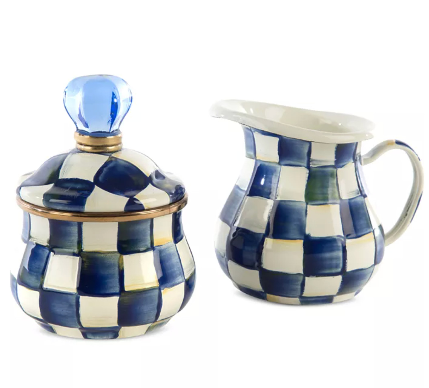 MacKenzie-Childs Royal Check Sugar Bowl with Lid Enamelware Blue White 10 oz gallery