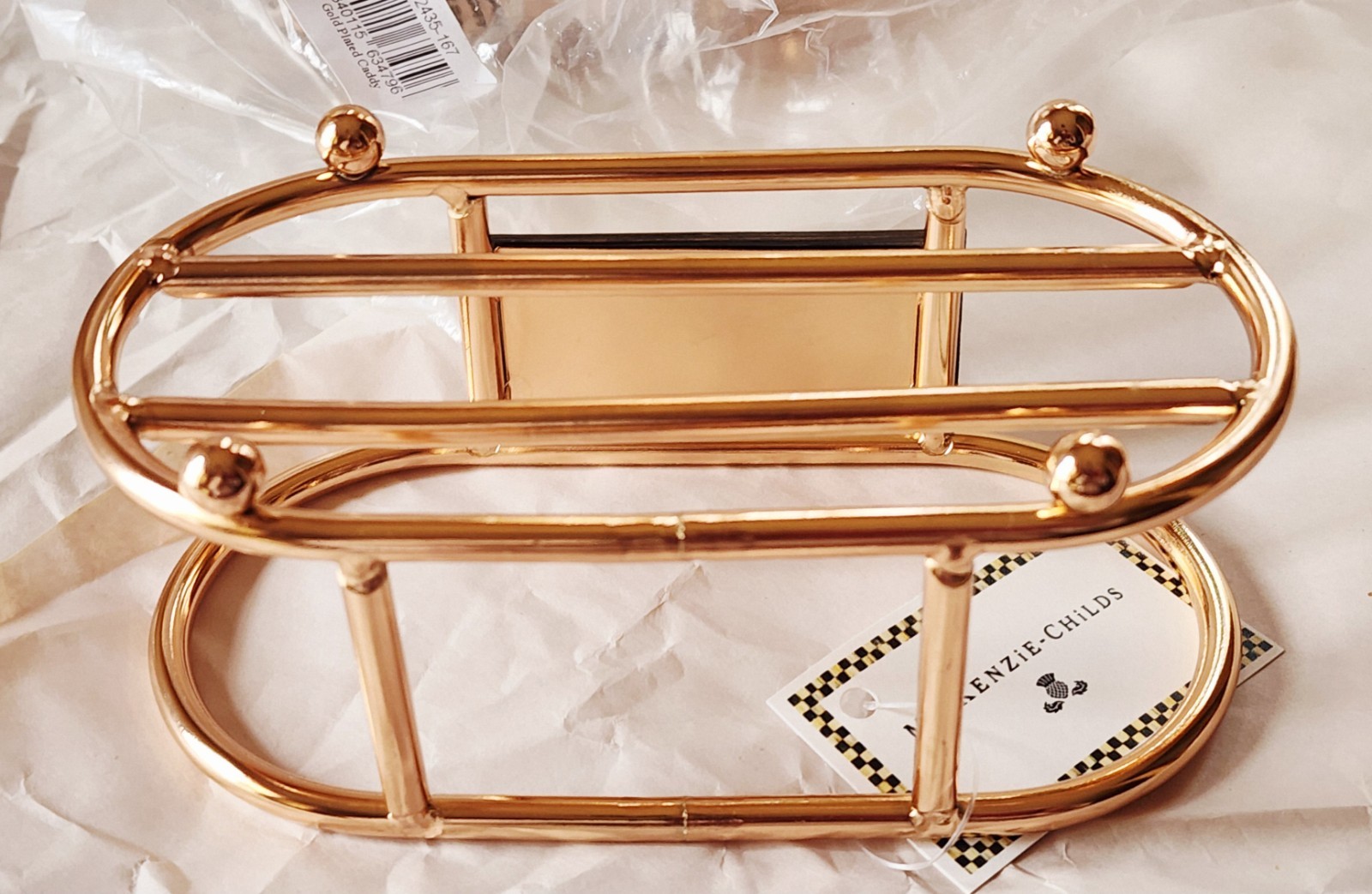 MacKenzie Childs Gold Plated Metal Footed Caddy for Soap / Lotion Oval 6"x3" gallery