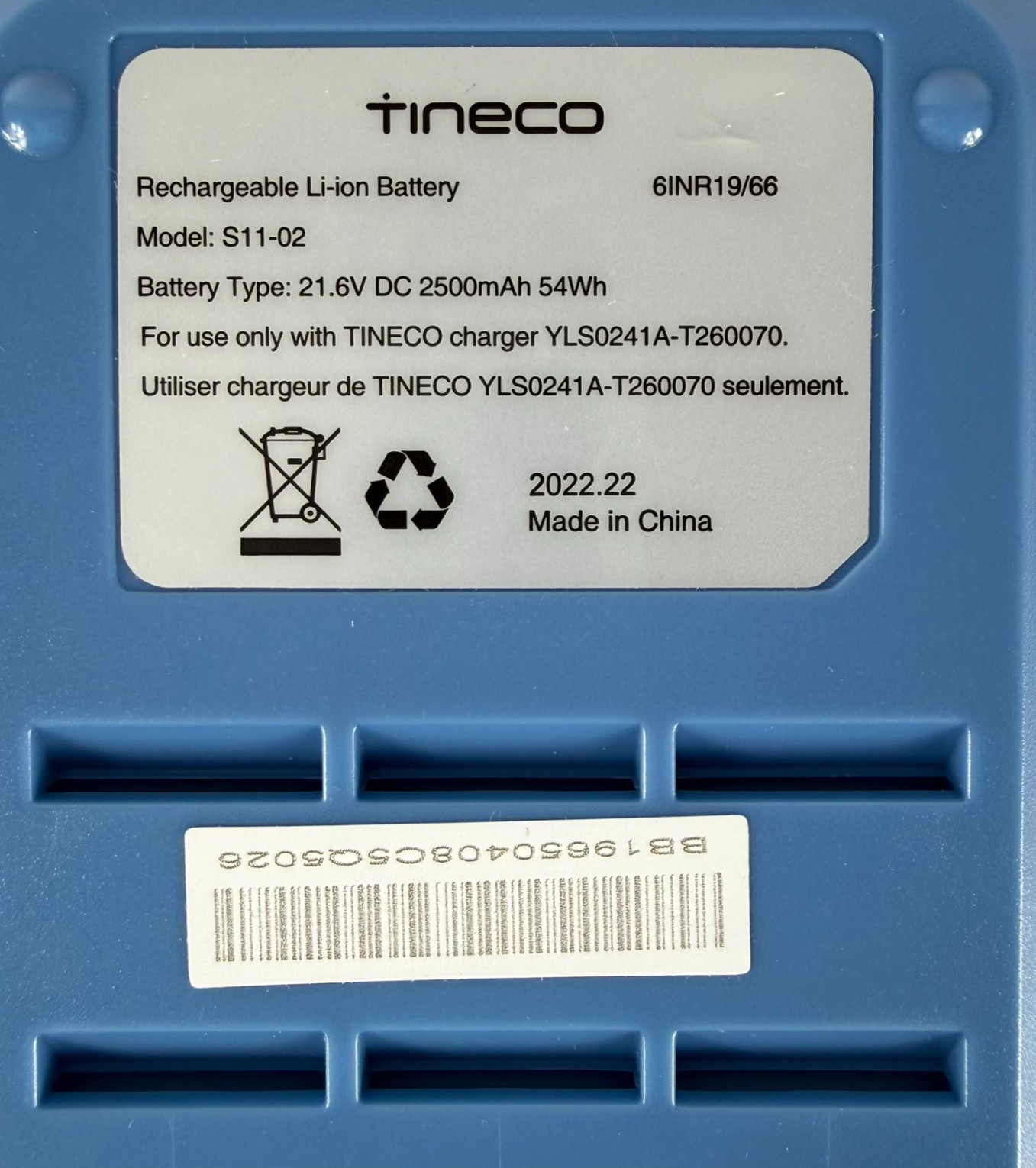Tineco S11 Replacement Battery (BLUE) S11-02 21.6V 2500mAh OEM New Open Box gallery