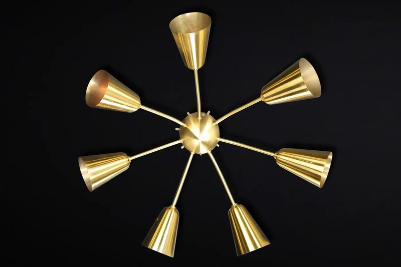 Italian Mid-Century Solid Brass Sputnik Chandelier 7 Lights Cone Shade by H D gallery