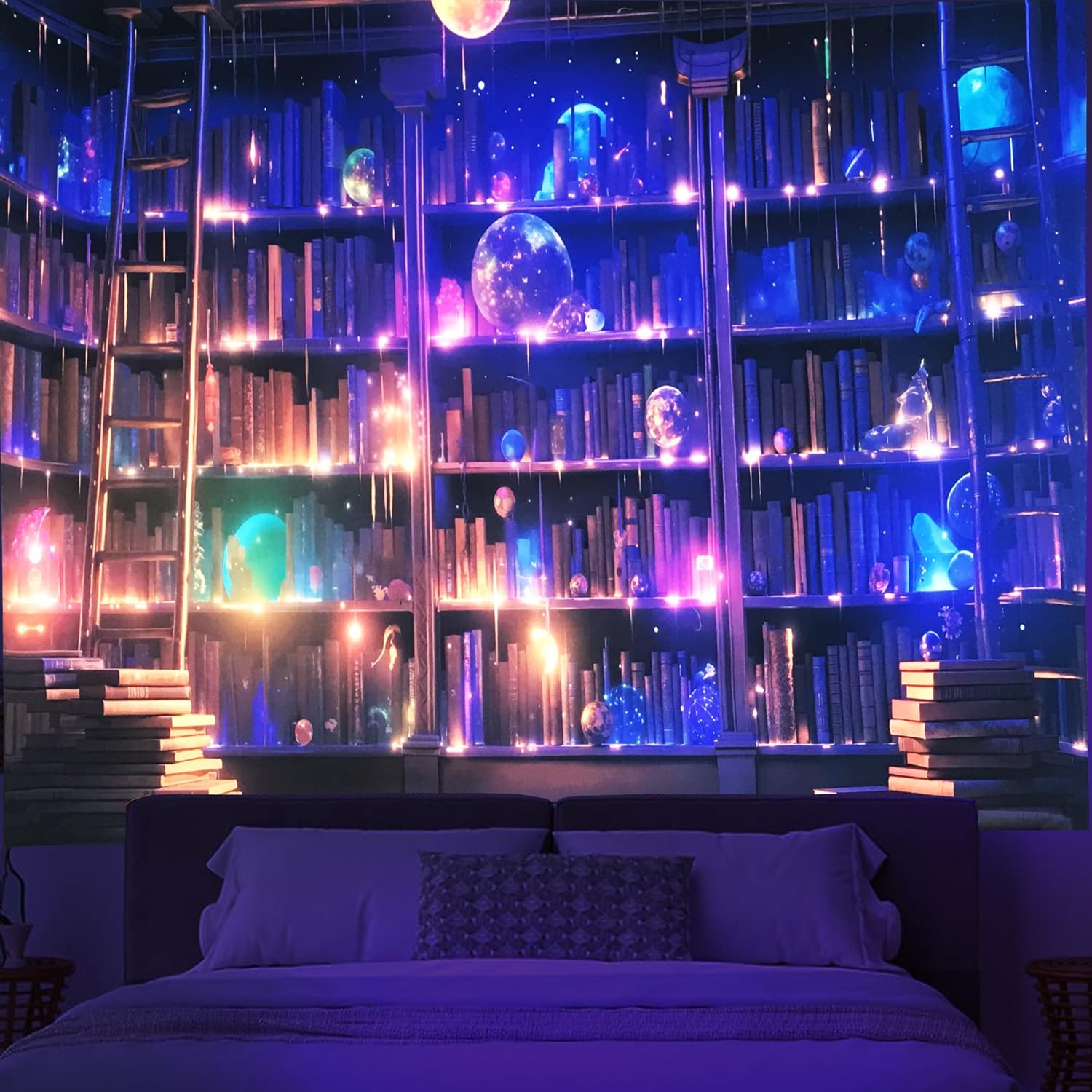 UV Reactive Blacklight Tapestry Bookshelf Fantasy Bookcase Wall Art 80x60" gallery